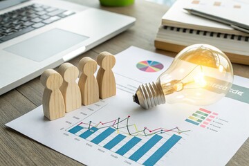 Glowing lightbulb above financial charts with wooden figures