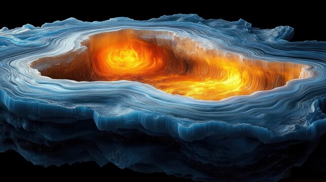 Abstract layered geological formation with glowing molten core and textured blue-gray strata resembling volcanic or planetary landscape under dramatic lighting