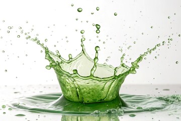 Green Juice Splash in MidAir with Droplets on White Background