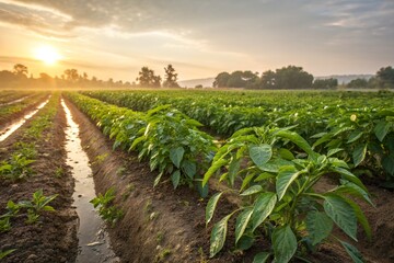 Green Pepper Plants Growing in Rows Under Early Morning Light