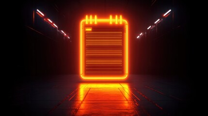 glowing neon orange notepad icon floating in dark futuristic corridor with reflective floor and illuminated walls