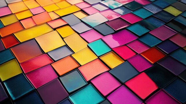 Close-up view of an abstract mosaic composed of colorful glossy square tiles arranged in a vibrant, dynamic pattern evoking energy and creativity