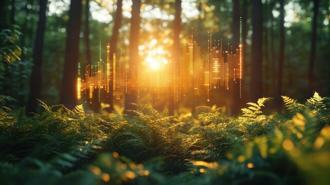 Sunlight filtering through dense forest trees illuminating lush green ferns with an overlay of glowing digital light patterns creating a serene and magical atmosphere