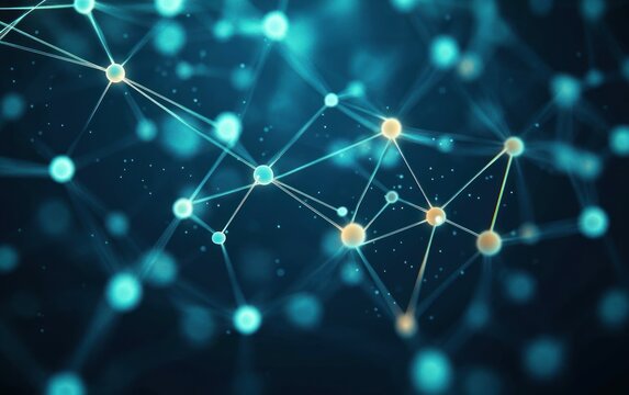 Abstract glowing network of interconnected points and lines in blue and yellow hues conveying connection and complexity