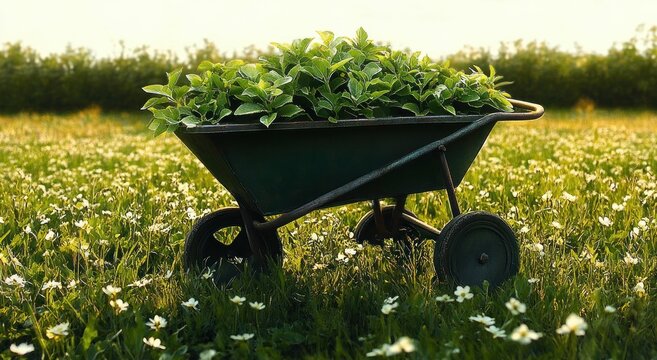 A wheelbarrow filled with green leafy plants standing in a sunlit field covered with small white flowers during golden hour