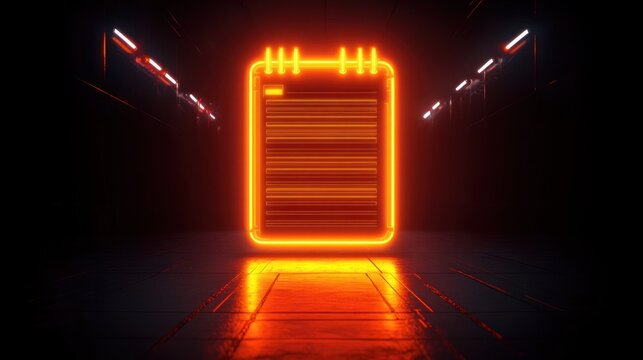 glowing neon orange notepad icon floating in dark futuristic corridor with reflective floor and illuminated walls
