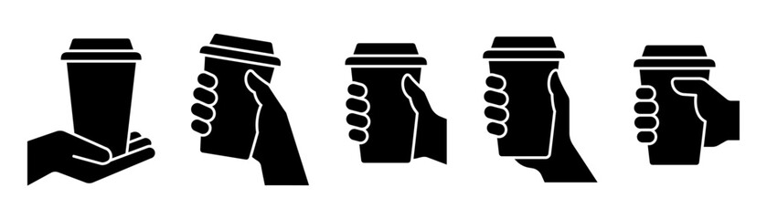 Hand holding coffee cup icon set vector. Take away coffee in reusable cup paper or plastic. Coffee shop logo, label, badge, icons, vintage, hipster modern style, premium coffee bean bar brand symbol.
