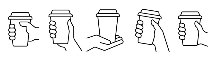 Hand holding coffee cup icon set vector. Take away coffee in reusable cup paper or plastic. Coffee shop logo, label, badge, icons, vintage, hipster modern style, premium coffee bean bar brand symbol.