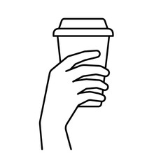 Hand holding coffee cup icon set vector. Take away coffee in reusable cup paper or plastic. Coffee shop logo, label, badge, icons, vintage, hipster modern style, premium coffee bean bar brand symbol.