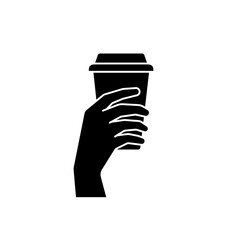 Hand holding coffee cup icon set vector. Take away coffee in reusable cup paper or plastic. Coffee shop logo, label, badge, icons, vintage, hipster modern style, premium coffee bean bar brand symbol.