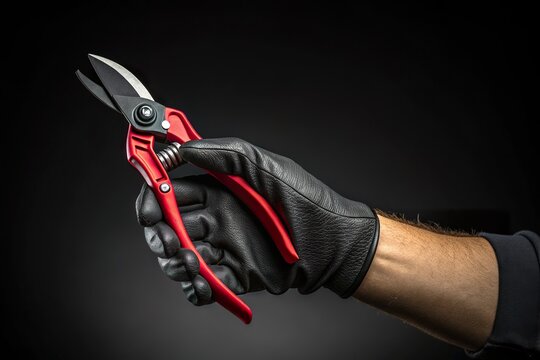 Hand in black glove holding red pruning shears