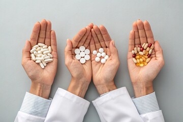 Hands holding various colorful pills on a soft grey background