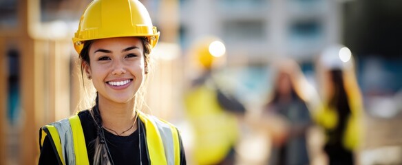 The construction worker smiling on a busy urban building site with colleagues