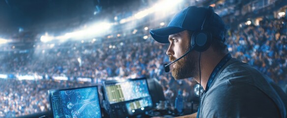 The Commentator Monitoring a Live Sports Broadcast in a High Tech Control Room
