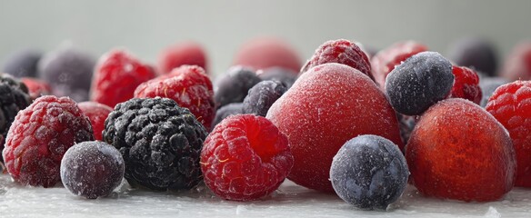The Frozen Mixed Berries Pile With Frosted Texture On White Surface