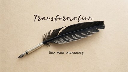 Elegant black feather quill pen lying on textured paper with inspirational quote about transformation and meaningful writing