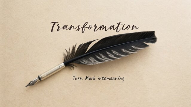 Elegant black feather quill pen lying on textured paper with inspirational quote about transformation and meaningful writing - Powered by Adobe