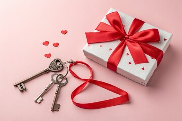 Keys and gift box on pink background representing a new home