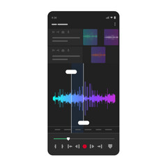 Mobile sound editing application interface audio waveform with selection markers playback controls track music production audio recording smartphone