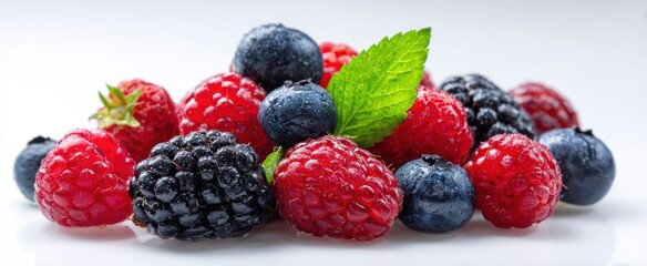 The Mixed Berries Pile with Fresh Mint on a Clean White Background