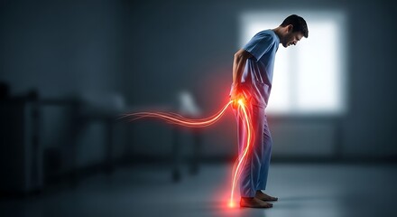 Man in scrubs experiencing severe sciatic nerve pain with radiating nerve pathways highlighted in red for medical illustration