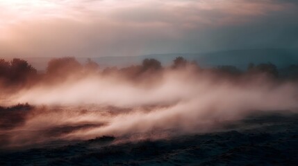 Fototapeta premium A misty atmospheric dawn landscape with soft light filtering through the fog over rolling hills and fields