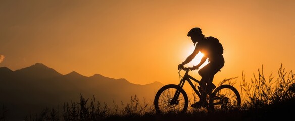 The Cyclist Silhouette Riding a Mountain Bike at Sunset with Scenic Landscape