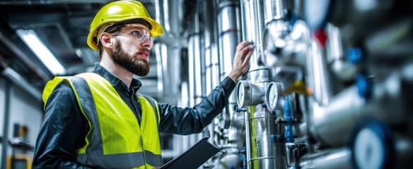 The Engineer Inspecting Industrial Pressure Gauges in a High-Tech Manufacturing Plant
