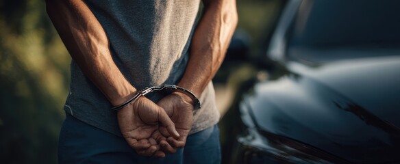 The man in handcuffs with hands behind his back near a car