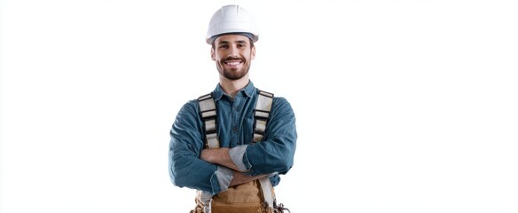 The construction worker smiling with arms crossed wearing hard hat and tool belt