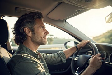 Man driving a car with both hands on the steering wheel