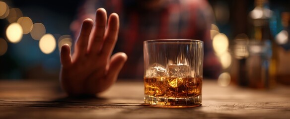 The whiskey glass refused by a person pushing it away at a bar