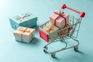Mini shopping cart filled with colorful wrapped gift boxes
