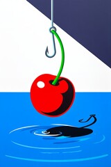 A digital illustration of a glossy red cherry hanging from a fishing hook against a blue and white background