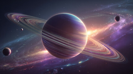 Saturn floating in the vastness of deep space, showcasing its majestic rings and orbiting moons. The scene captures the cosmic elegance of the gas giant, with intricate details on the planetary surfac