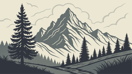 Fototapeta premium Illustration of a mountain range with pine trees and clouds in a monochrome color palette scheme style silhouette