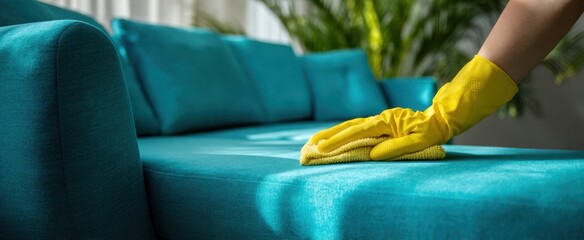 The Sofa Being Cleaned with a Bright Cloth and Yellow Gloved Hand