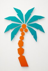A geometric flat design cutout of a palm tree made from orange and green shapes on a white background
