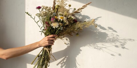A person's hand holding a rustic bouquet of dried wildflowers casting a hard shadow on a white surface