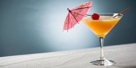 A colorful pink cocktail garnished with a paper umbrella and cherry on a blurred tropical background