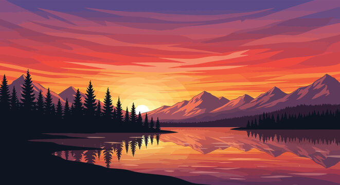 Vibrant sunset over a calm lake reflecting majestic mountains and silhouetted pine trees