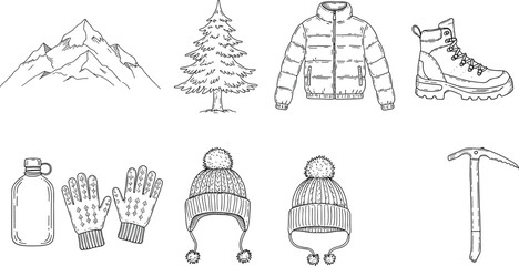 Winter mountain hiking equipment, warm clothes, boots, gloves, hats, ice axe, and nature elements, cad drawing flat vector illustration