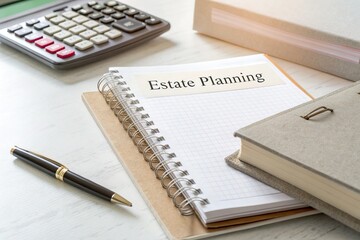 Notebook labeled Estate Planning on a desk with calculator