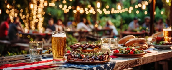 The Barbecue Table with Beer, Ribs, Burgers, and Festive Outdoor String Lights