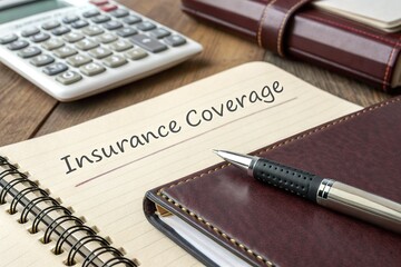Notebook labeled Insurance Coverage on desk with pen and calculator