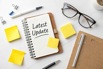 Notebook labeled Latest Update on a white office table