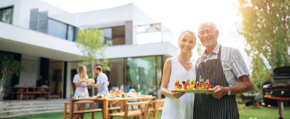 The couple holding a platter of colorful skewers at a sunny backyard barbecue