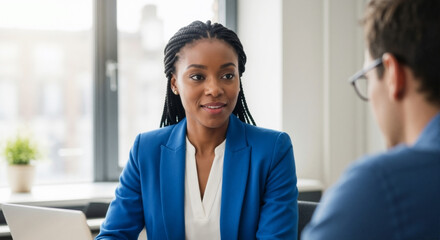 A professional black woman in a blue jacket has a business conversation in a bright office, demonstrating confidence, attention and business communication in a work environment