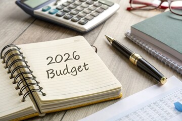 Notebook With 2026 Budget Written On Wooden Table