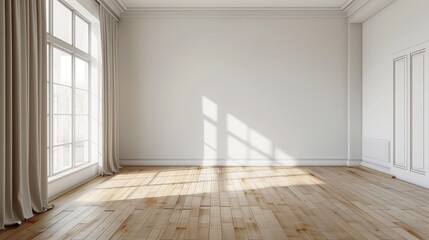 Bright and Airy Empty Room with Hardwood Floor and Sunlight Streaming Through a Large Window